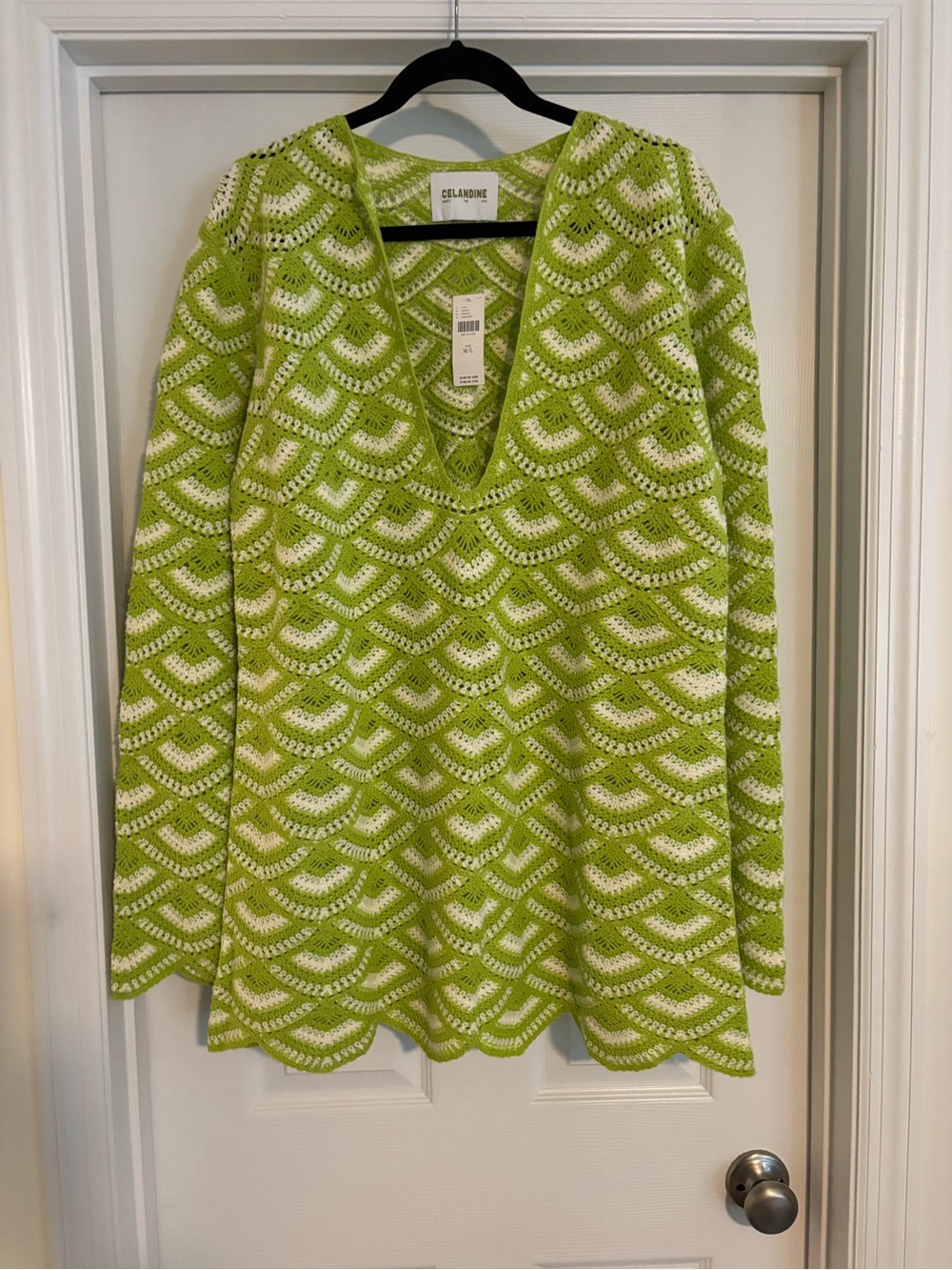 Cleobella Lime Green and White Crochet V-Neck Tunic Sweater